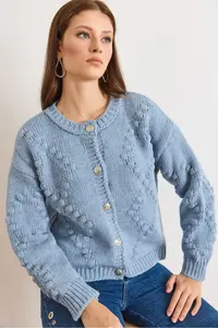 Olalook Women's Blue Embossed Knitted Soft Textured Thick Knitwear Cardigan - Image 5