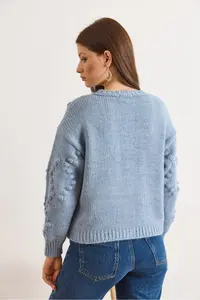 Olalook Women's Blue Embossed Knitted Soft Textured Thick Knitwear Cardigan - Image 6