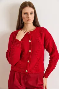 Olalook Women's Red Embossed Knitted Soft Textured Thick Knitwear Cardigan - Image 2