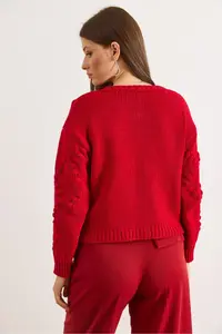Olalook Women's Red Embossed Knitted Soft Textured Thick Knitwear Cardigan - Image 3