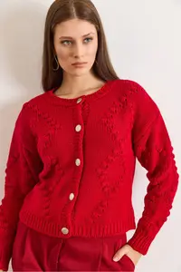 Olalook Women's Red Embossed Knitted Soft Textured Thick Knitwear Cardigan - Image 4