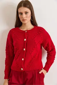 Olalook Women's Red Embossed Knitted Soft Textured Thick Knitwear Cardigan - Image 5