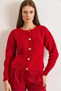 Olalook Women's Red Embossed Knitted Soft Textured Thick Knitwear Cardigan - Image 6