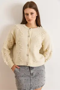 Olalook Women's Stone Embossed Knitted Soft Textured Thick Knitwear Cardigan