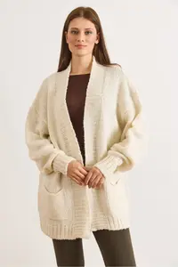 Olalook Women's Ecru Pocket Soft Textured Knitwear Cardigan - Image 2