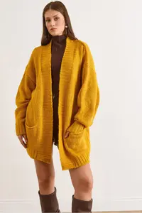 Olalook Women's Mustard Pocket Soft Textured Knitwear Cardigan