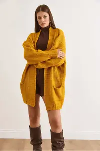Olalook Women's Mustard Pocket Soft Textured Knitwear Cardigan - Image 2