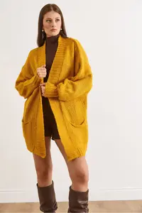 Olalook Women's Mustard Pocket Soft Textured Knitwear Cardigan - Image 6