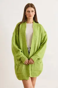 Olalook Women's Pistachio Green Pocketed Soft Textured Knitwear Cardigan - Image 2