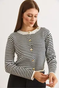Olalook Women's Black Crew Neck Striped Basic Knitwear Cardigan
