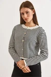 Olalook Women's Black Crew Neck Striped Basic Knitwear Cardigan - Image 2