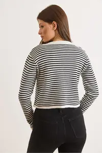 Olalook Women's Black Crew Neck Striped Basic Knitwear Cardigan - Image 3