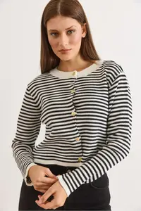Olalook Women's Black Crew Neck Striped Basic Knitwear Cardigan - Image 4