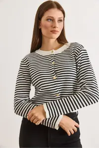 Olalook Women's Black Crew Neck Striped Basic Knitwear Cardigan - Image 5