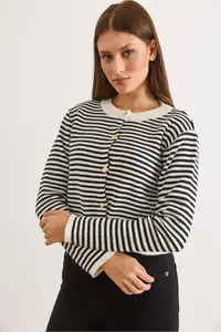Olalook Women's Black Crew Neck Striped Basic Knitwear Cardigan - Image 6