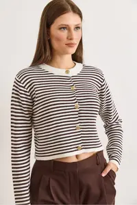 Olalook Women's Brown Crew Neck Striped Basic Knitwear Cardigan - Image 2