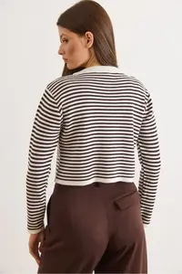 Olalook Women's Brown Crew Neck Striped Basic Knitwear Cardigan - Image 3