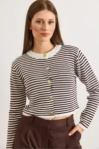 Olalook Women's Brown Crew Neck Striped Basic Knitwear Cardigan - Image 4