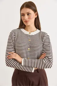 Olalook Women's Brown Crew Neck Striped Basic Knitwear Cardigan - Image 5