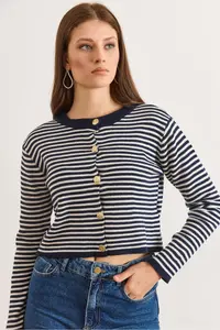 Olalook Women's Navy Blue Crew Neck Striped Basic Knitwear Cardigan