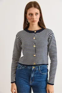 Olalook Women's Navy Blue Crew Neck Striped Basic Knitwear Cardigan - Image 2