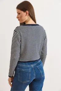 Olalook Women's Navy Blue Crew Neck Striped Basic Knitwear Cardigan - Image 3