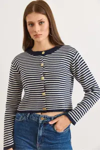 Olalook Women's Navy Blue Crew Neck Striped Basic Knitwear Cardigan - Image 4