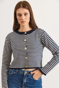 Olalook Women's Navy Blue Crew Neck Striped Basic Knitwear Cardigan - Image 5
