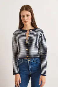 Olalook Women's Navy Blue Crew Neck Striped Basic Knitwear Cardigan - Image 6