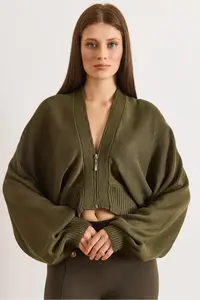 Olalook Women's Green Zippered Bat Loose Fit Cardigan