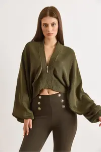 Olalook Women's Green Zippered Bat Loose Fit Cardigan - Image 2