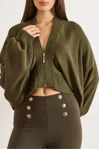 Olalook Women's Green Zippered Bat Loose Fit Cardigan - Image 5