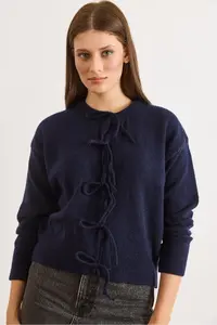 Olalook Women's Navy Blue Lace Detailed Soft Textured Knitwear Cardigan