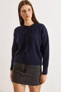 Olalook Women's Navy Blue Lace Detailed Soft Textured Knitwear Cardigan - Image 2