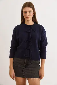 Olalook Women's Navy Blue Lace Detailed Soft Textured Knitwear Cardigan - Image 3