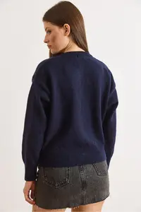 Olalook Women's Navy Blue Lace Detailed Soft Textured Knitwear Cardigan - Image 5