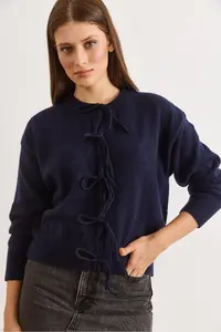 Olalook Women's Navy Blue Lace Detailed Soft Textured Knitwear Cardigan - Image 6