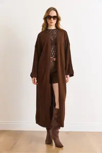 Olalook Women's Brown Sleeve Folded Maxi Knitwear Cardigan - Image 2