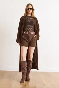 Olalook Women's Brown Sleeve Folded Maxi Knitwear Cardigan - Image 5