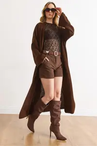 Olalook Women's Brown Sleeve Folded Maxi Knitwear Cardigan - Image 6