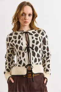 Olalook Women's Stone Lace Detailed Soft Textured Leopard Cardigan