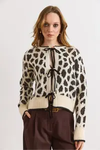 Olalook Women's Stone Lace Detailed Soft Textured Leopard Cardigan - Image 2