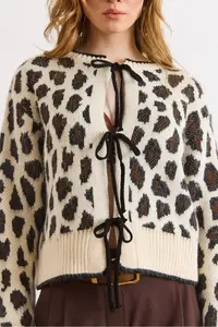 Olalook Women's Stone Lace Detailed Soft Textured Leopard Cardigan - Image 4