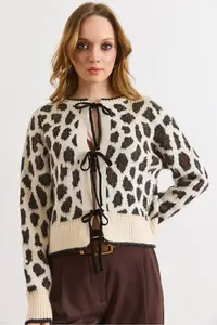 Olalook Women's Stone Lace Detailed Soft Textured Leopard Cardigan - Image 5