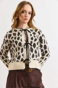 Olalook Women's Stone Lace Detailed Soft Textured Leopard Cardigan - Image 6