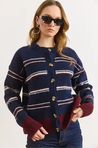 Olalook Women's Navy Blue Striped Buttoned Soft Textured Knitwear Cardigan