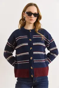 Olalook Women's Navy Blue Striped Buttoned Soft Textured Knitwear Cardigan - Image 2