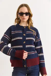 Olalook Women's Navy Blue Striped Buttoned Soft Textured Knitwear Cardigan - Image 3
