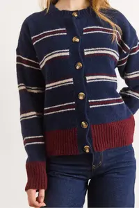 Olalook Women's Navy Blue Striped Buttoned Soft Textured Knitwear Cardigan - Image 4