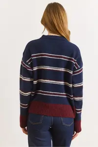 Olalook Women's Navy Blue Striped Buttoned Soft Textured Knitwear Cardigan - Image 5